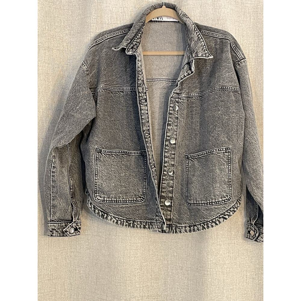 Zara Women’s Faded Denim Black Button Up Jacket Size Large EUC